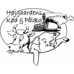 Sort-hvid tegning af en ko og en gris under den danske tekst Højgaardens Kød & Pålæg med illustrationer af kød- og pølseskiver over dem.